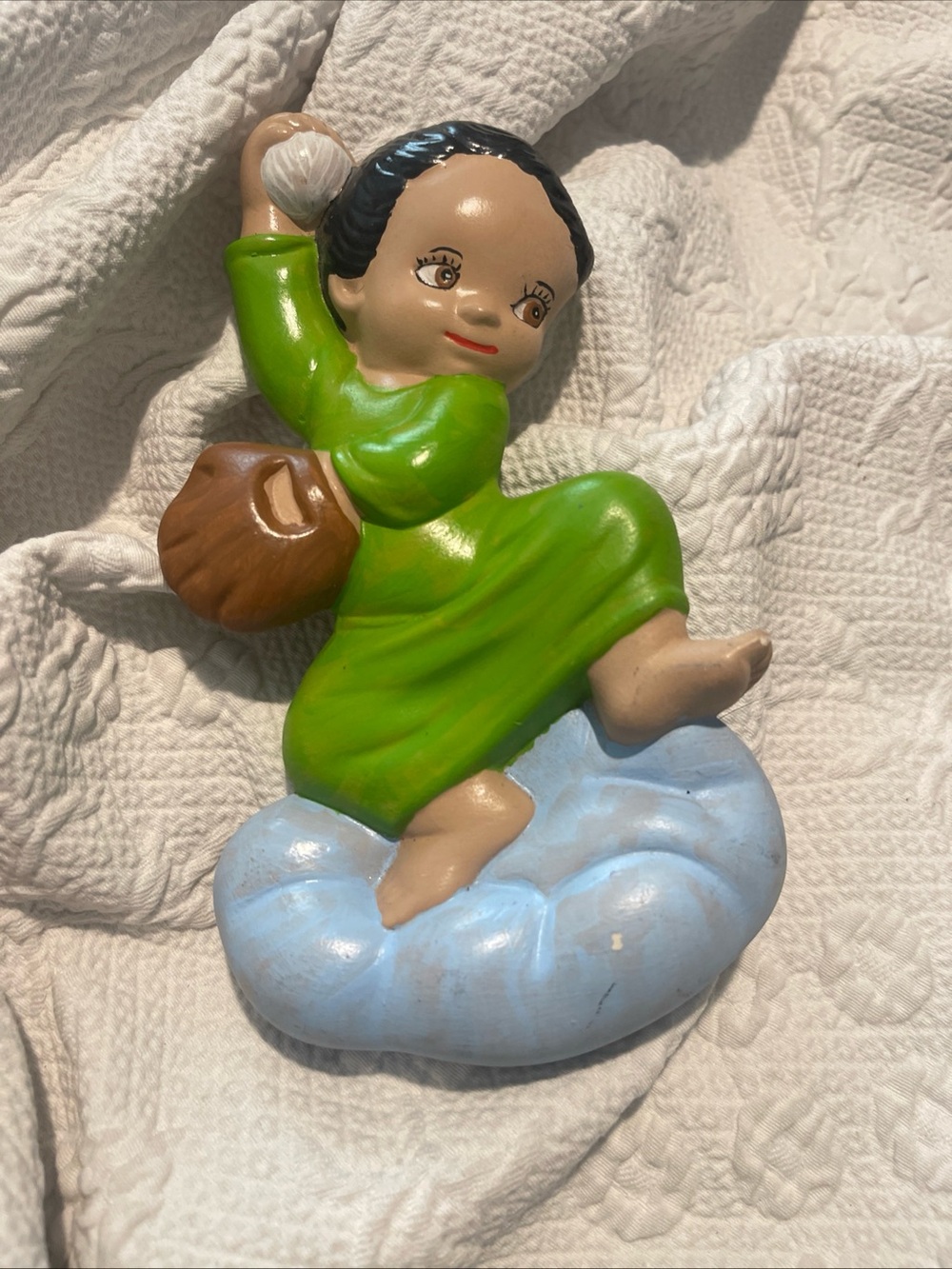 Hand-Painted Ceramic Figurine in Bright Green on Blue Cloud Chalkware Baseball